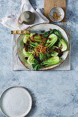 Steamed pak choy with oyster sauce and crispy ginger