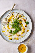 Wolffish carpaccio with mange tout and passion fruit