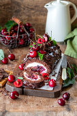 Chocolate cherry roulade with whipped cream