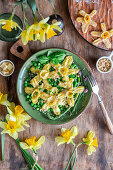 Daffodil pasta with green peas and asparagus
