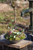 Nest-shaped arrangement with snake's-head fritillaries on moss next to garden pump