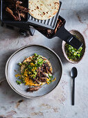 Mexican Pulled Beef with Cheddar from the Raclette with Green Tomato Salsa