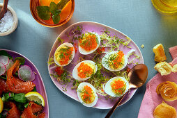 Stuffed eggs with trout caviar