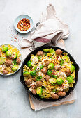 Carbonara with farfalle, Brussels sprouts and salsiccia