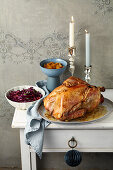 Turkey with apricot anise stuffing, red cabbage salad with mango chutney