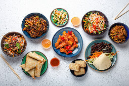 Set of Chinese dishes on white table