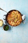 Bavarian Spätzle (Swabian egg noodles) with meatloaf, mushrooms and cabbage