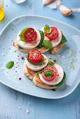 Grilled baguette slices with olive oil, basil, tomatoes and mozzarella substitute