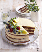 Blueberry and lemon cream cake, sliced