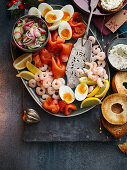 Brunch platter with smoked salmon, prawns and eggs