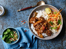 Beef Massaman Curry with rice and salad