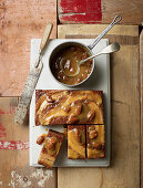 Upside-down banana cake with maple-caramel sauce