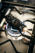 Charred Aubergine on an open flame