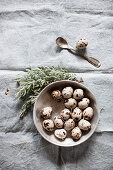 Quail eggs in a bowl, surrounded by herbs