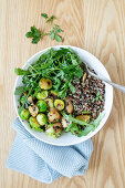 Mushroom and Brussels sprouts with quinoa in a bowl
