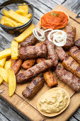 Grilled cevapcici with onion mustard, ajvar, onions and French fries