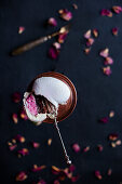 Monoportion heart cake with dried rose petals