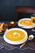 Sweet potato and butternut squash soup with lemon and garlic toast