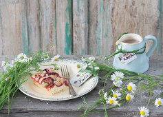 Plum cake with cocoa, name card and camomile
