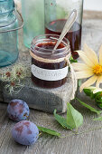 Plum jam in a preserving jar