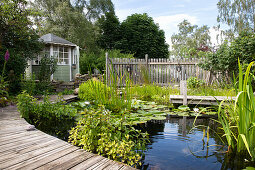 Garden pond with water plants and wooden footbridge