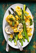Tortellini with green asparagus and burrata