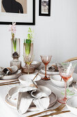 Spring table set in natural colors, with hyacinths