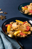 Caramel mocha mousse with oatmeal crumble and orange-grapefruit compote