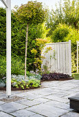 Trees, shrubs and perennials in the beds next to the walkway