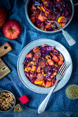 Red cabbage with chorizo and walnuts