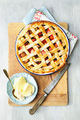 Strawberry-rhubarb lattice cake