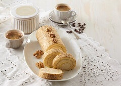Coffee-walnut sponge cake roll