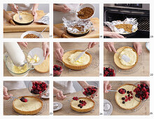 Baking shortcrust pie with pudding cream and berries - step by step