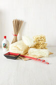 Various types of Asian noodles - Soba noodles, Mie noodles, rice noodles, glass noodles