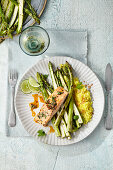 Green asparagus with saffron rice and grilled salmon