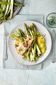 Green asparagus, saffron rice and grilled salmon