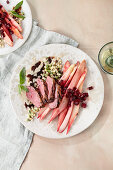 Duck breast with beets, asparagus, and fregola tostata