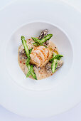 Lobster with green asparagus and morel sauce