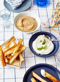 Baked brioche breadsticks with curd dip and apple sauce