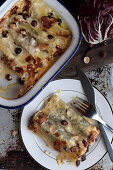 Cannelloni with radicchio, smoked cheese, roasted hazelnuts and pancetta