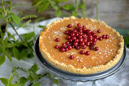 Caramel tart garnished with red currants