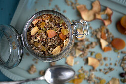 Homemade granola with dried fruit in a jar