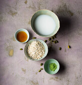 Ingredients for vegan porridge with matcha tea