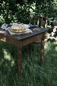 Rhubarb cake on a rustic wooden table in the garden