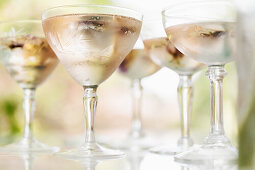 Sparkling rose wine with edible flower garnish