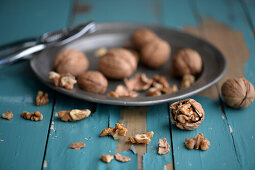 Walnuts on a pewter plate