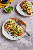 Hasselback-style butternut squash with Okonomiyake-style topping