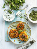 Fried smashed potatoes with fresh herbs