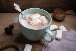 Cinnamon cocoa with almond milk foam and vegan marshmallows