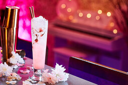 Kirschblüten-Cocktail in farbenfrohen Bar-Atmosphäre